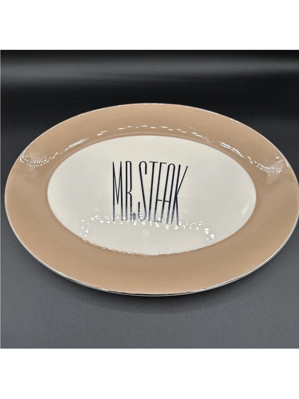Vintage Mr Steak Beige & Cream Ceramic Serving Platter Oval